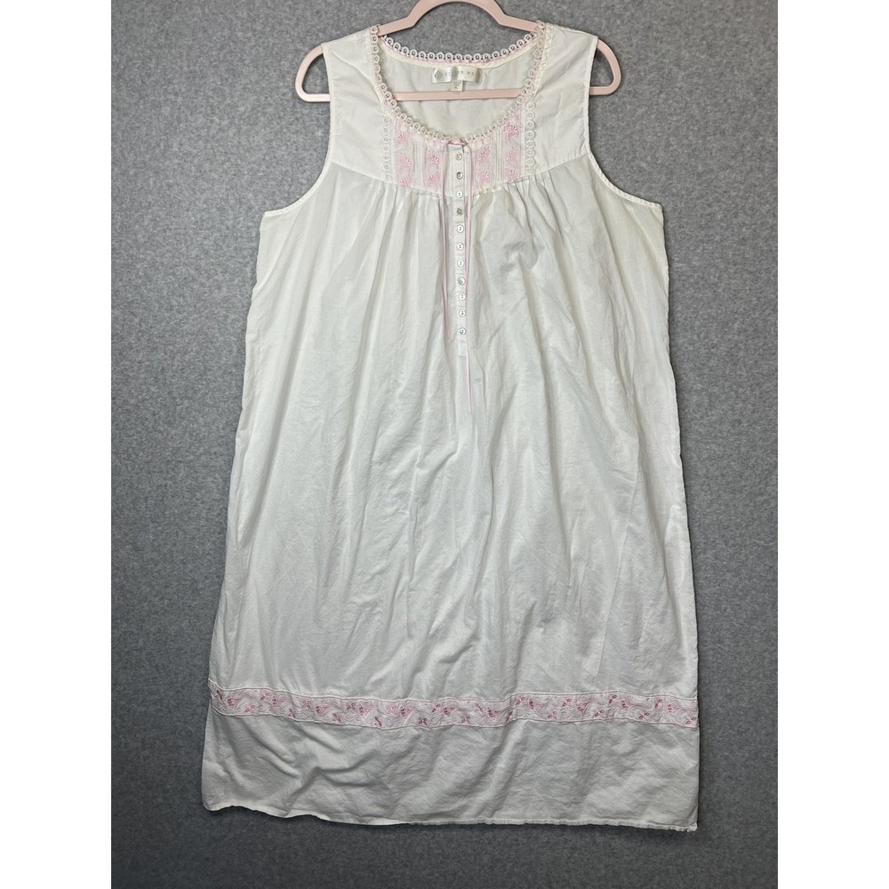 Eileen West XL White Pink 100% Cotton Long Nightgown Lace Cottagecore Sleeveless
